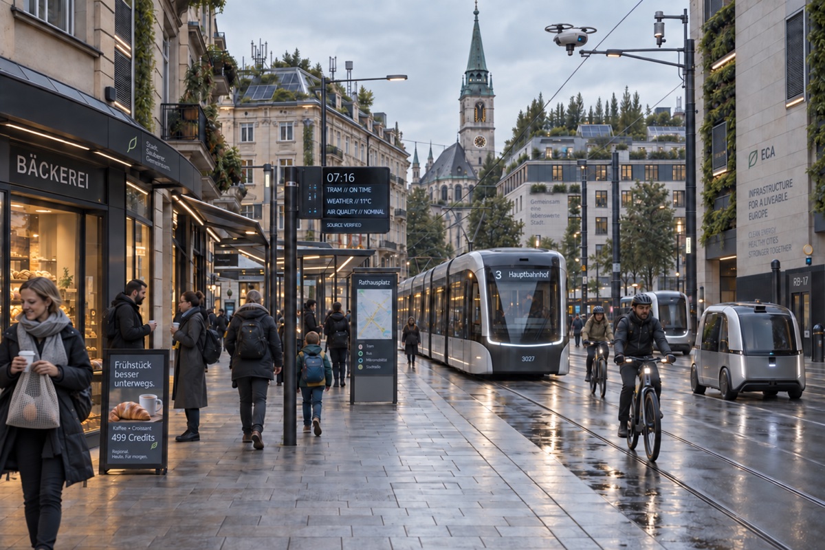 An ordinary European morning: a tram, commuters and familiar buildings with small technical retrofits.