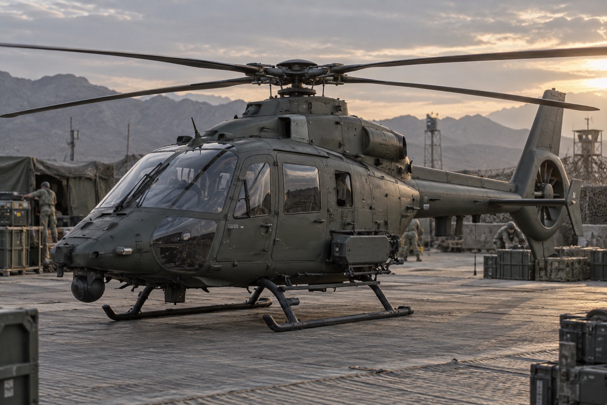 A compact military tactical rotorcraft prepared on the ground at a forward base in late afternoon.