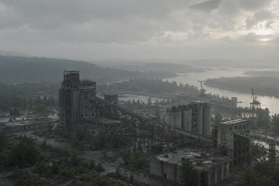 An indistinct aircraft is partially cut off at the upper edge of a drone image above abandoned industrial infrastructure.